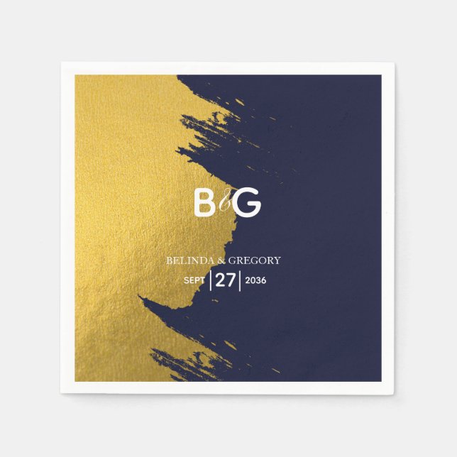 Faux Gold Navy Blue Monogram Wedding  Napkin (Front)