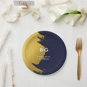 Faux Gold Navy Blue Monogram Wedding  Paper Plate