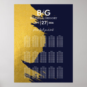 Faux Gold Navy Blue Monogram Wedding Seating Chart