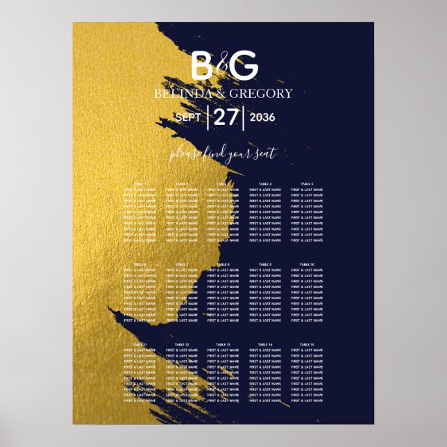 Faux Gold Navy Blue Monogram Wedding Seating Chart (Front)