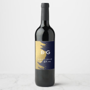 Faux Gold Navy Blue Monogram Wedding  Wine Label