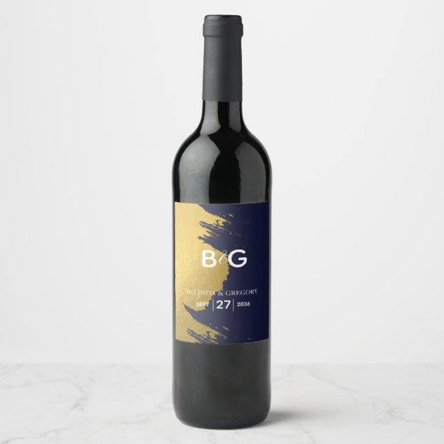 Faux Gold Navy Blue Monogram Wedding  Wine Label (Front)