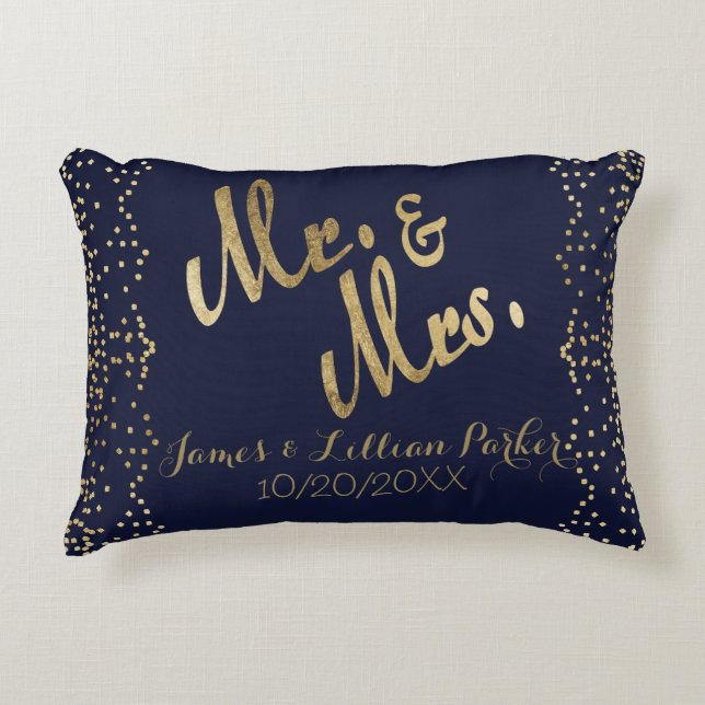 Faux Gold Navy Blue Mr. and Mrs. Monogram Wedding Decorative Cushion (Front)