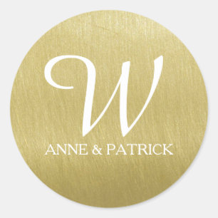 faux gold (ochre) monogram & names, wedding classic round sticker