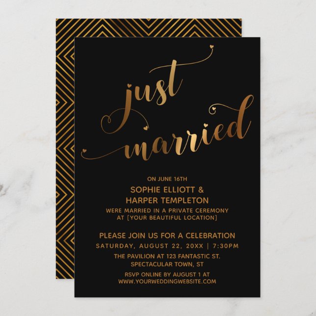 Faux Gold on Black Just Married Post-Wedding Event Invitation (Front/Back)
