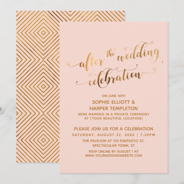 Faux Gold on Blush After the Wedding Celebration Invitation (Front/Back)
