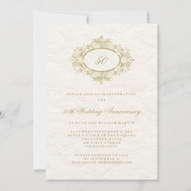 Faux Gold on Creamy White 50th Wedding Anniversary Invitation (Front)