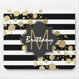 Faux Gold Paint Splatter on Black & White Monogram Mouse Mat