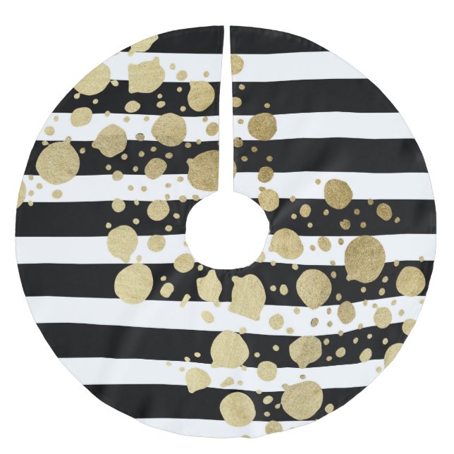Faux Gold Paint Splatter on Black & White Stripes Brushed Polyester Tree Skirt (Front)