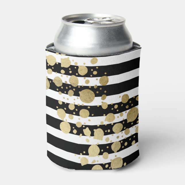 Faux Gold Paint Splatter on Black & White Stripes Can Cooler (Can Front)