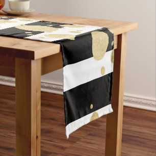 Faux Gold Paint Splatter on Black & White Stripes Short Table Runner