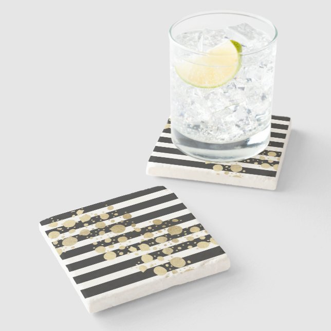 Faux Gold Paint Splatter on Black & White Stripes Stone Coaster (Side)