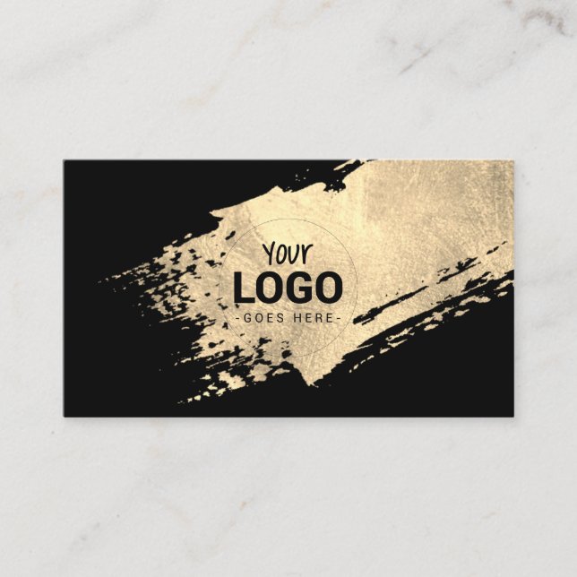 faux gold paint stroke logo on black business card (Front)
