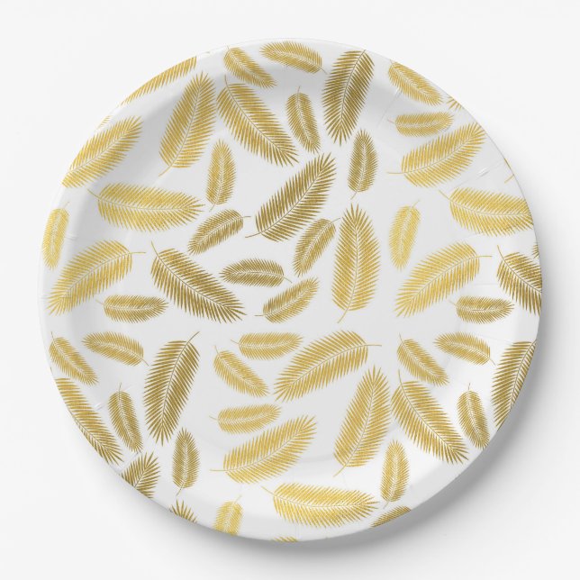 Faux Gold Palm Leaves Pattern Paper Plate (Front)