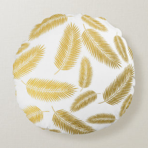Faux Gold Palm Leaves Pattern Sherpa Blanket Accen Round Cushion