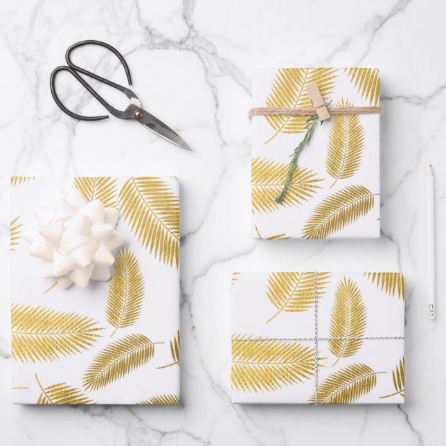 Faux Gold Palm Leaves Pattern Wrapping Paper Sheet (Front)