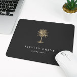 Faux Gold Palm Tree Logo Mouse Mat<br><div class="desc">Chic personalized mousepad for your business or home office features two lines of custom text in classic white lettering,  on a charcoal gray background adorned with a tropical palm tree illustration in faux gold foil.</div>