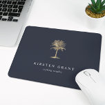 Faux Gold Palm Tree Logo Mouse Mat<br><div class="desc">Chic personalised mousepad for your business or home office features two lines of custom text in classic white lettering,  on a navy blue background adorned with a tropical palm tree illustration in faux gold foil.</div>
