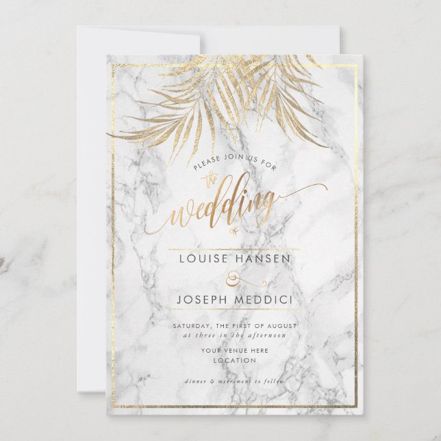 Faux Gold Palms+ Marble Wedding Announcement (Front)
