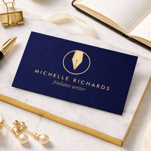 Faux Gold Pen Nib Logo on Dark Navy for Writers Business Card (Creator Uploaded)