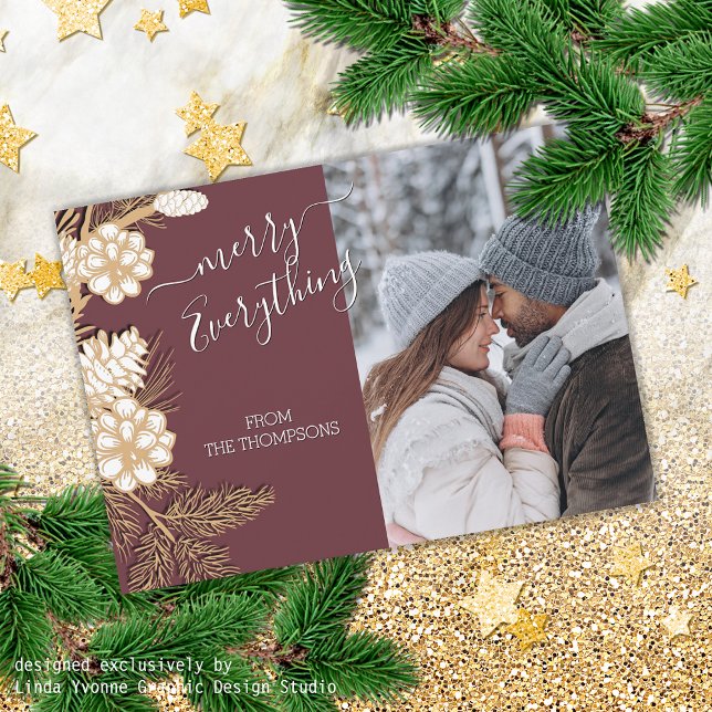 Faux Gold Pine Cones Needles On Mauve Pink Holiday Card (Creator Uploaded)