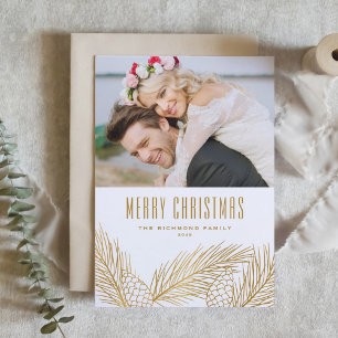 Faux Gold Pine Needles Merry and Married Photo Holiday Card