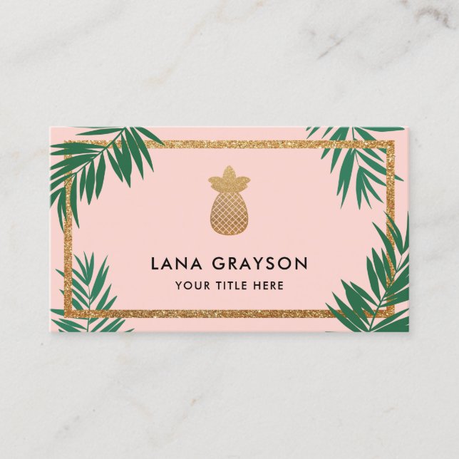 Faux Gold Pineapple & Green Palm Fronds Blush Pink Business Card (Front)