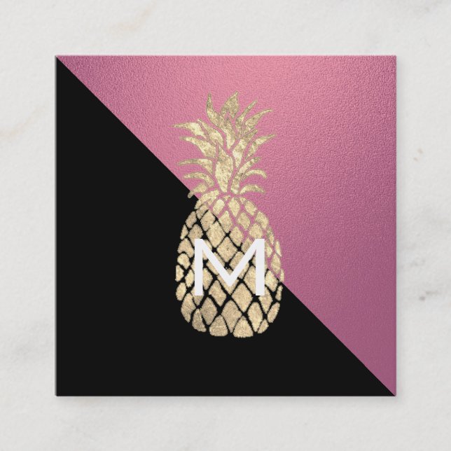 faux gold pineapple monogram on hot pink square business card (Front)