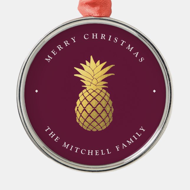 Faux Gold Pineapple on Burgundy | Christmas Metal Tree Decoration (Front)