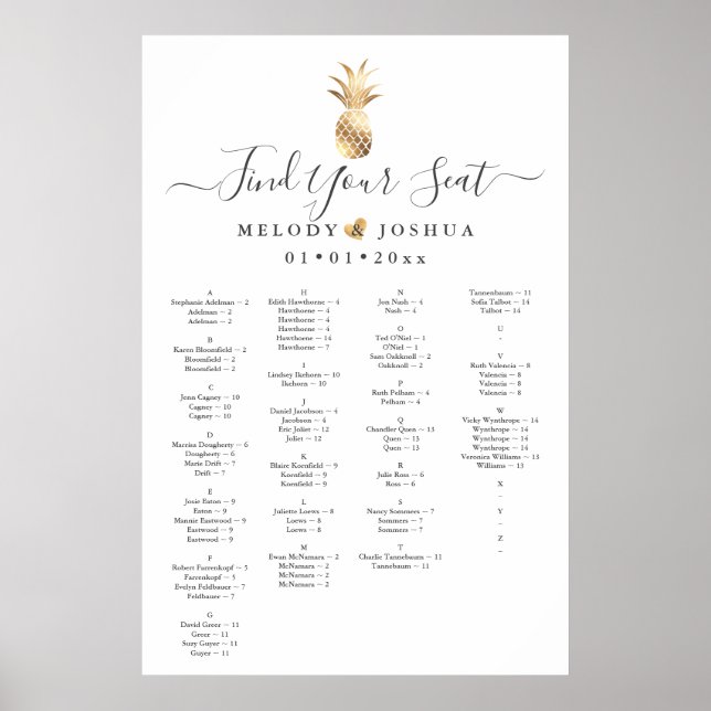 FAUX GOLD PINEAPPLE SEATING CHART, ALPHABETICAL POSTER (Front)