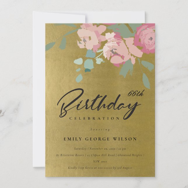 FAUX GOLD PINK BLUE PEONY FLORAL ANY AGE BIRTHDAY INVITATION (Front)