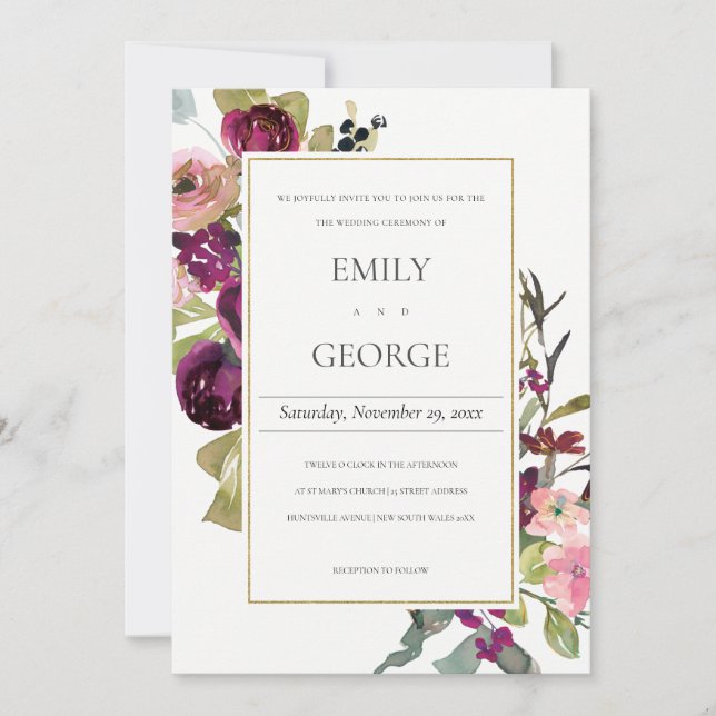 FAUX GOLD PINK BURGUNDY ROSE FLORAL WEDDING INVITE (Front)