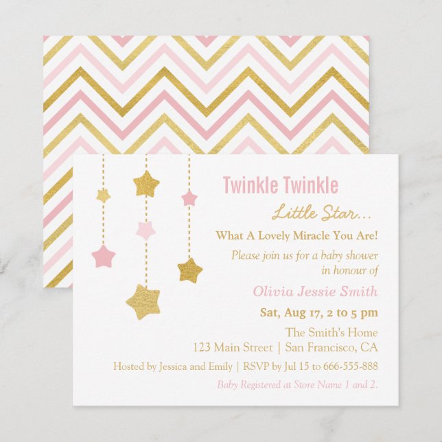 Faux Gold Pink Twinkle Little Star Baby Shower Invitation (Front/Back)