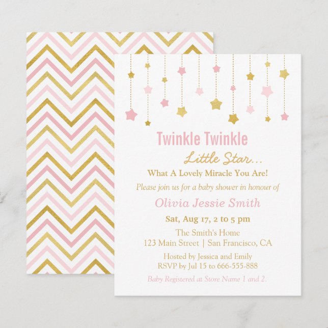 Faux Gold Pink Twinkle Twinkle Little Star Baby Invitation (Front/Back)