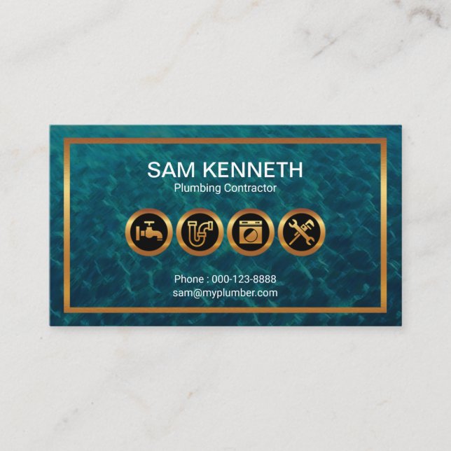 Faux Gold Plumbing Icons Border Flood Waters Business Card (Front)