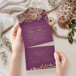 Faux gold purple elegant vintage lace wedding all in one invitation