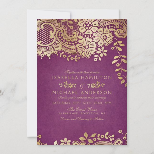 Faux gold purple elegant vintage lace wedding invitation (Front)