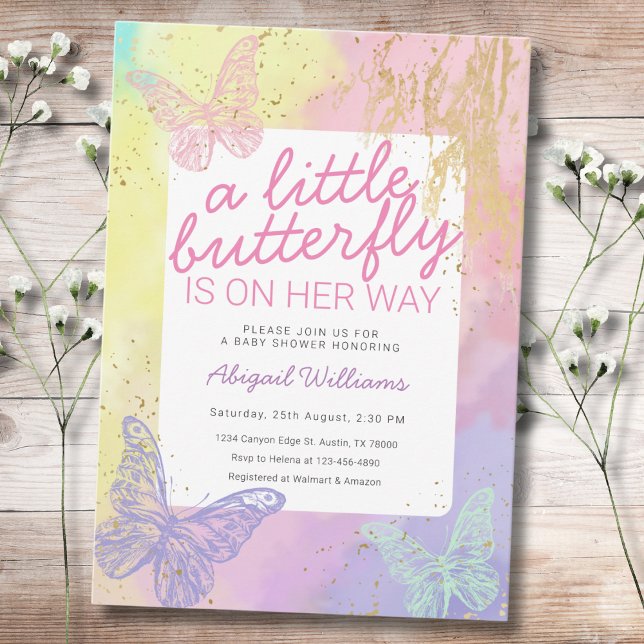 Faux Gold Rainbow Butterflies Girl Baby Shower Invitation (Creator Uploaded)