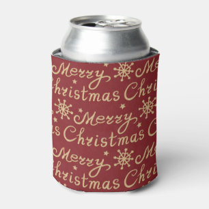 Faux Gold & Red Merry Christmas Lettering Pattern Can Cooler