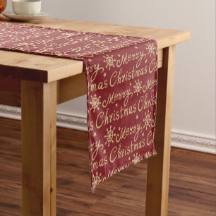 Faux Gold & Red Merry Christmas Lettering Pattern Short Table Runner