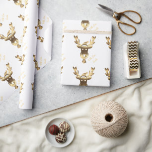 Faux Gold Reindeer Pattern Modern White Christmas Wrapping Paper