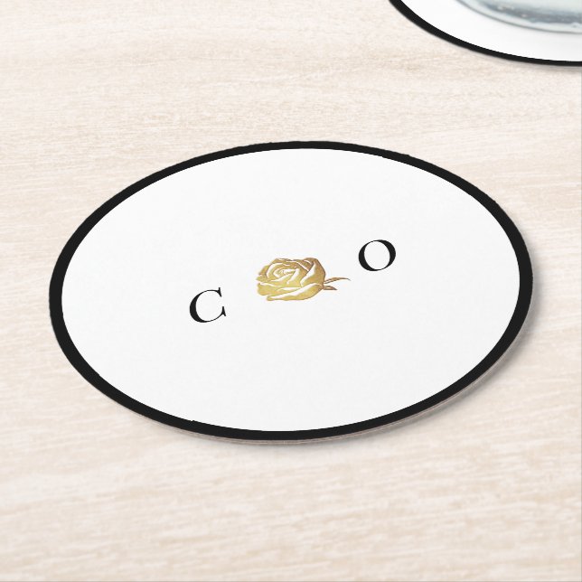 Faux gold rose black and white minimalist monogram round paper coaster (Angled)