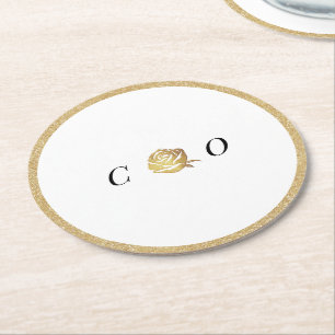 Faux gold rose black and white minimalist monogram round paper coaster