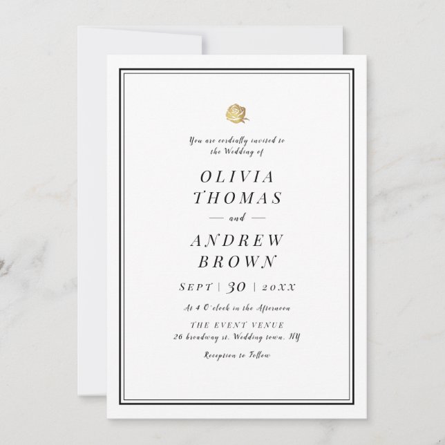 Faux gold rose black and white minimalist wedding invitation (Front)