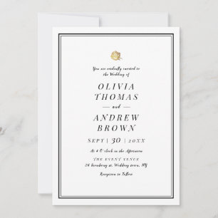Faux gold rose black and white minimalist wedding invitation