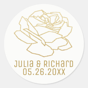 faux gold rose flower with names, white classic round sticker