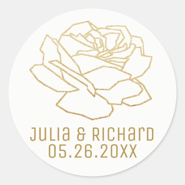 faux gold rose flower with names, white classic round sticker (Front)