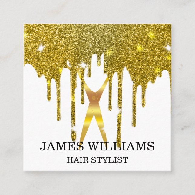 Faux Gold Scissors Hair Stylist Drip Square Business Card (Front)