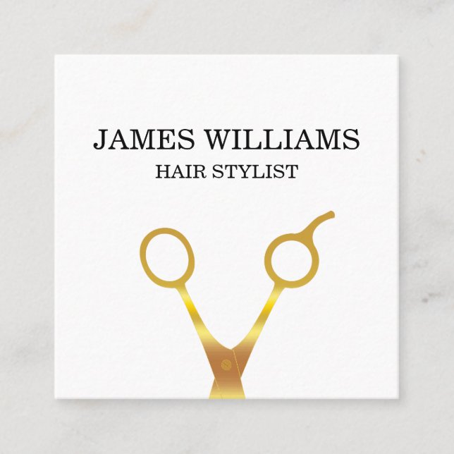 Faux Gold Scissors Hair Stylist Square Business Card (Front)