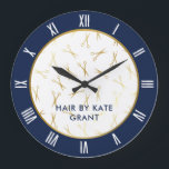 Faux Gold Scissors Navy Blue Hair Salon Large Clock<br><div class="desc">Hair stylist wall clock with a navy blue trim,  white roman numbers,  a pattern of scissors in faux gold and your name or the name of your hair salon in blue.</div>